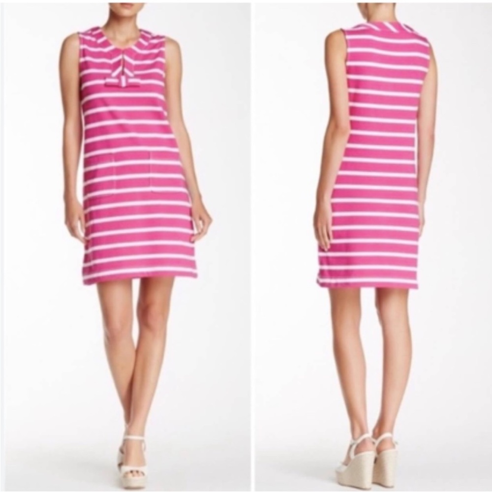 Kate Spade Pink & White Rio Tropez Bow Accent Striped Knit Bow Sleeveless Dress